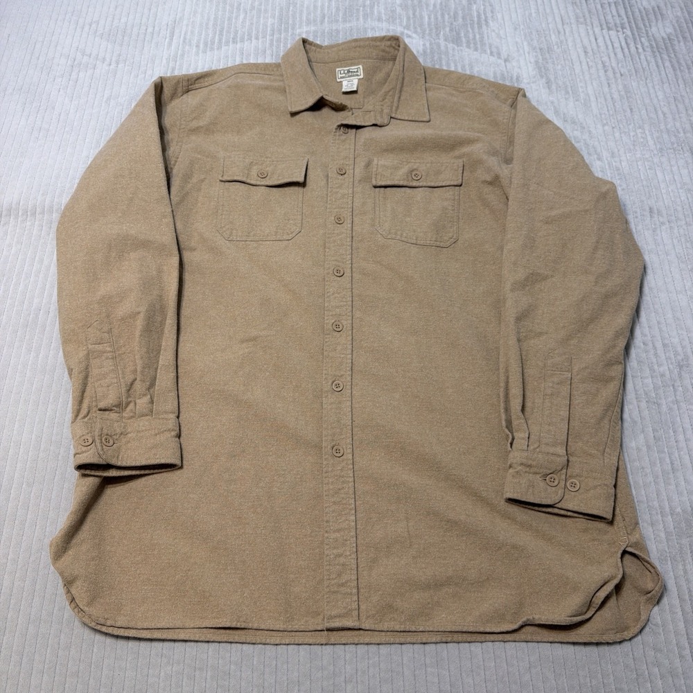 LL Bean Chamois Shirt Men XXL 2XLT Tan Beige Heavy Cotton Flannel